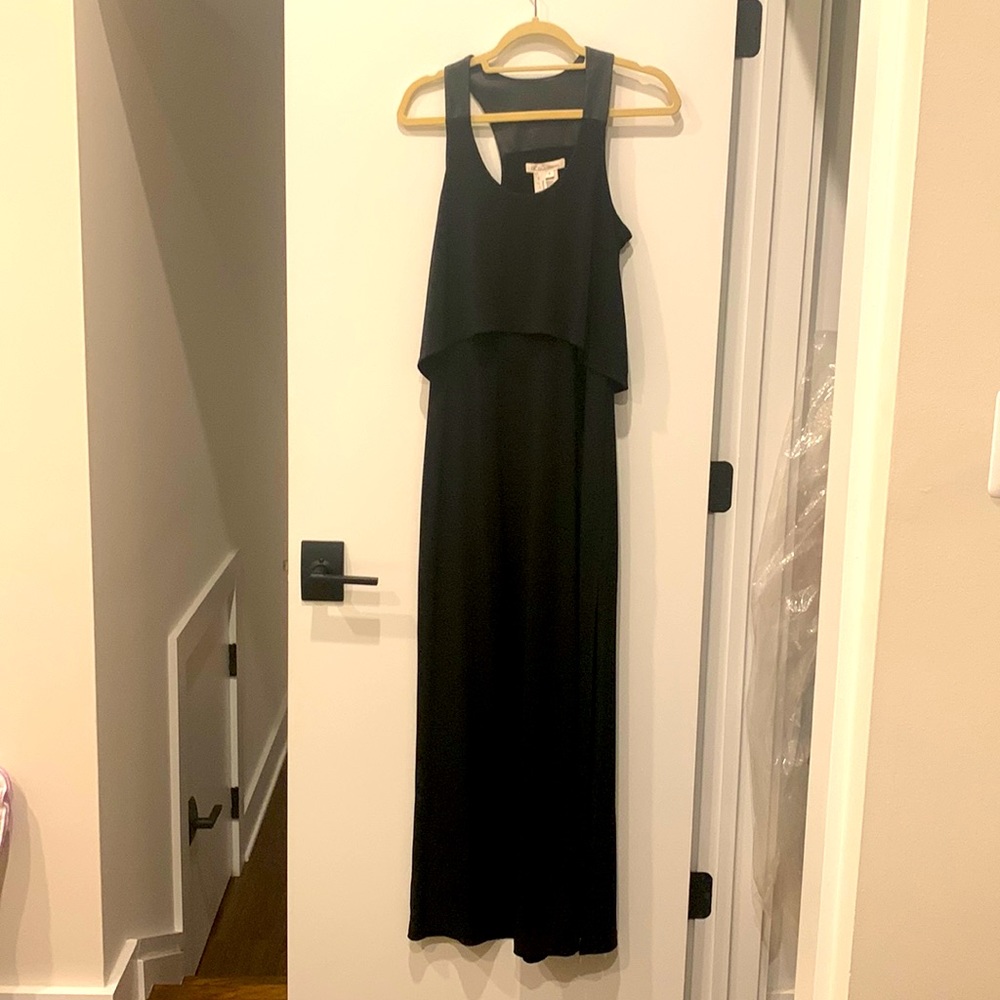 BCBG Generation Black, maxi dress with faux leather straps.